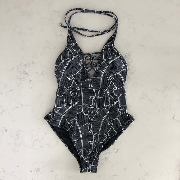 Far West V Neck Abstract Leaf Print Nylon One Piece Swimsuit Blk + Wht Sz S NWT - Picture 14 of 14